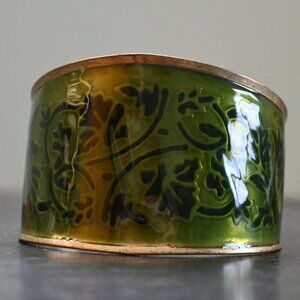 VTG Heavy Solid Brass & Enamel Cuff Bracelet w/ Leaf Floral Ivy Vine Design